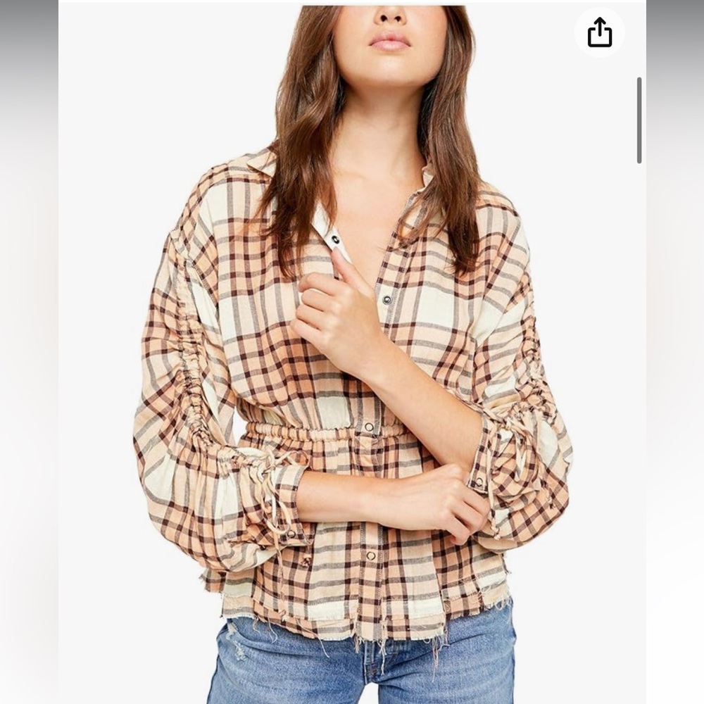 Free People We The Free Womens‎ Medium Plaid Released Trim Button-Down Top